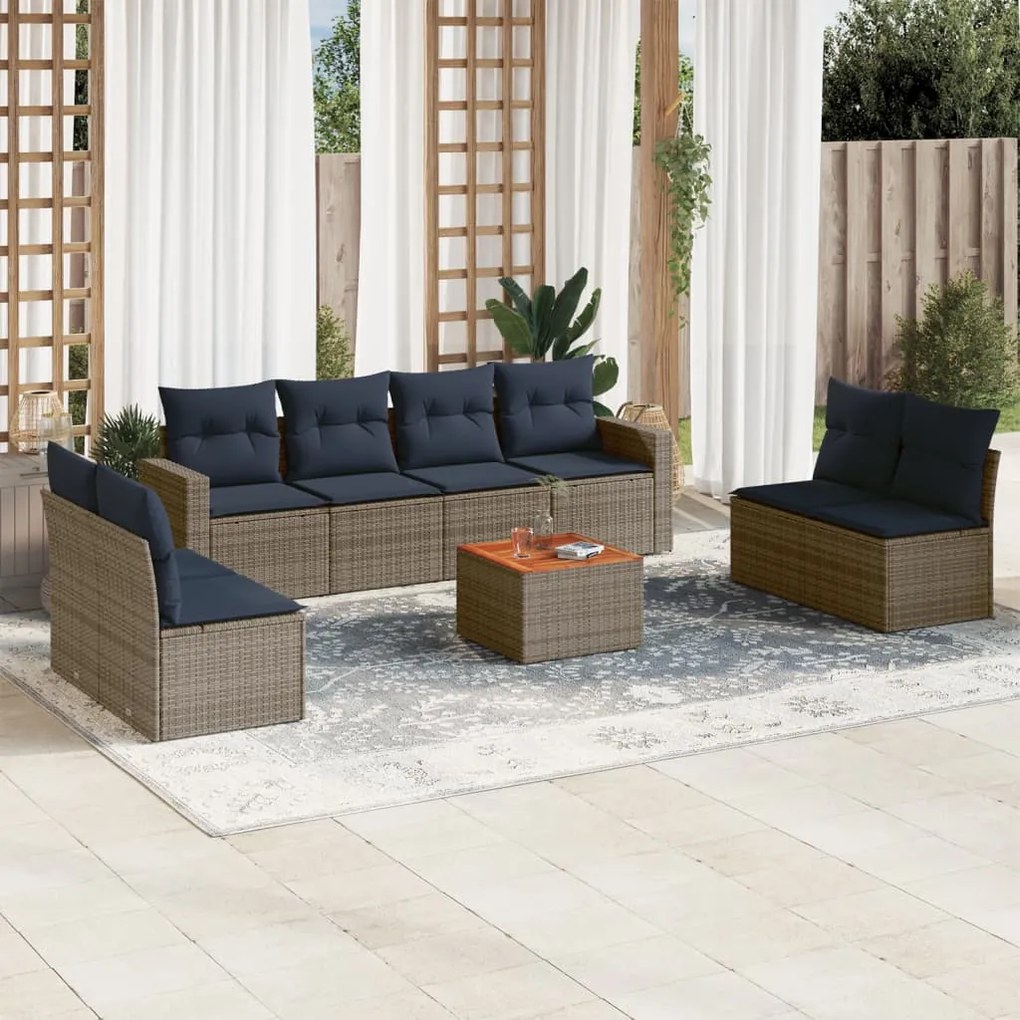 vidaXL 9 pcs conjunto sofás p/ jardim c/ almofadões vime PE cinzento