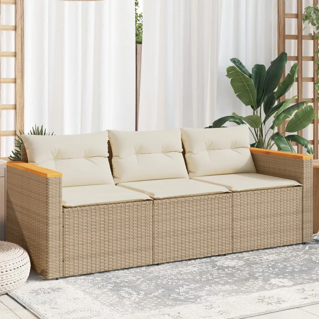 vidaXL Sofá de jardim de 3 lugares com almofadões vime PE bege