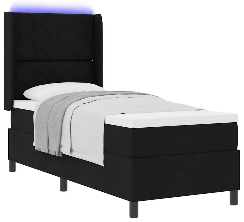 Cama Box com colchão e LED preto 90x190 cm, tecido.