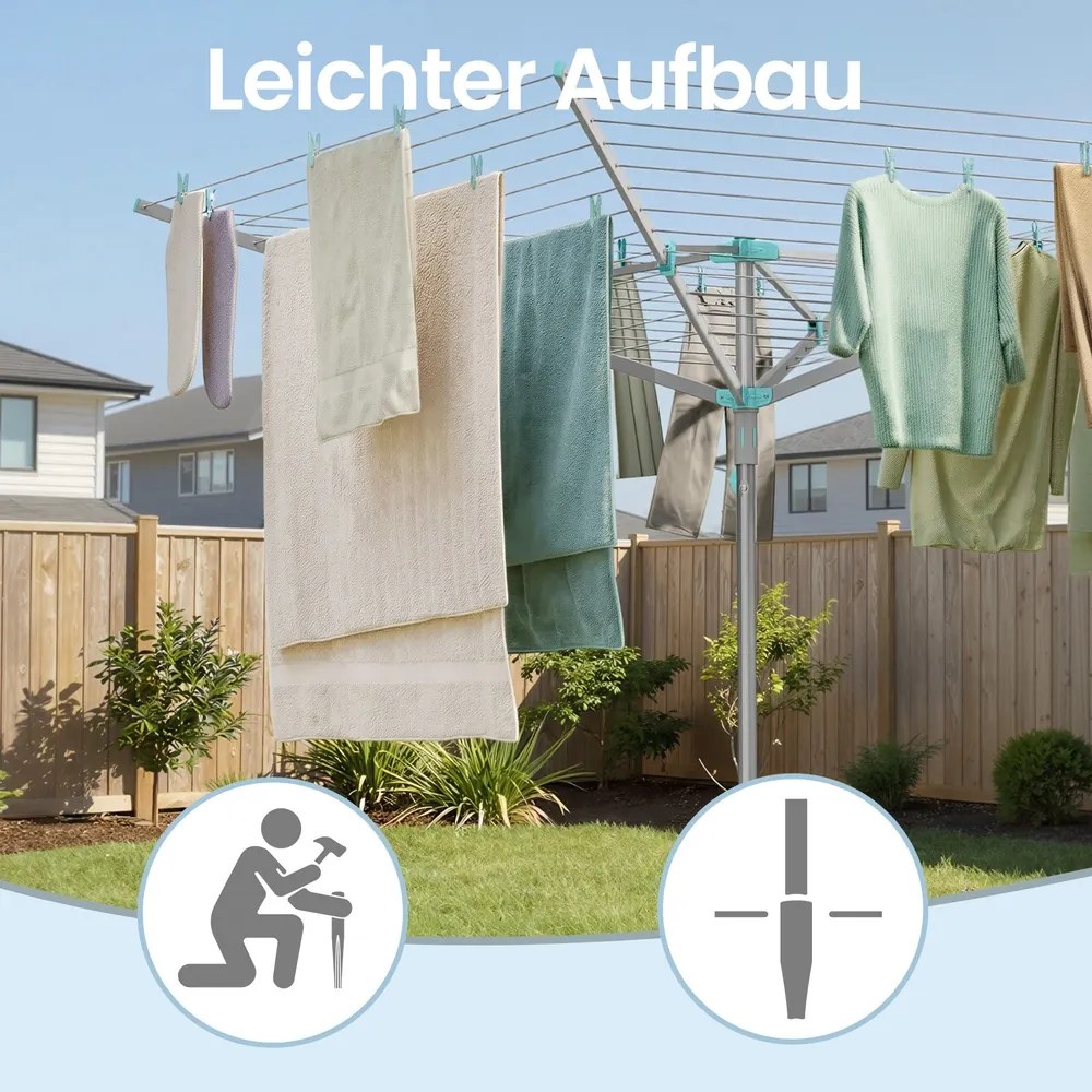 Estendal de roupa giratório 139,2 x 139,2 x 182 cm, com 45 m de corda, prateado