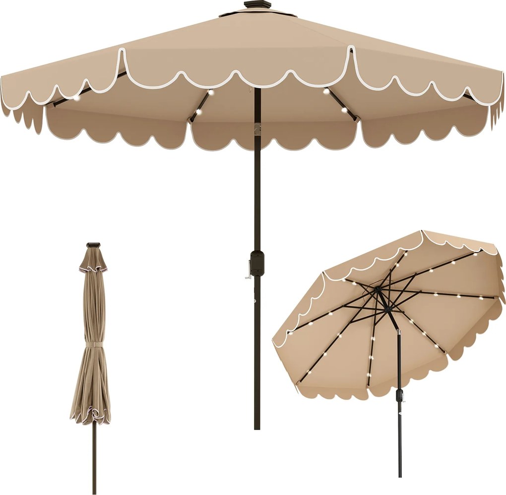 Guarda-sol de pátio de 300 cm com 24 luzes LED, parte superior ventilada, folhos e ajuste de inclinação, café
