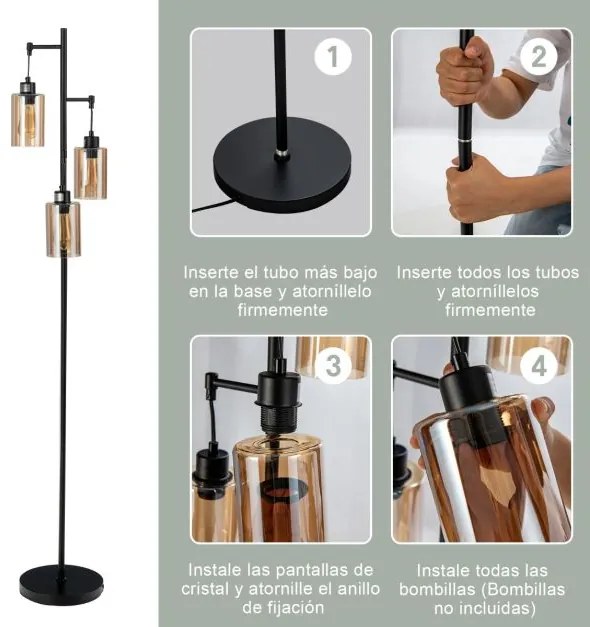Candeeiro de pé com abajur de vidro âmbar de 3 cabeças, interruptor de pé, base de metal para quarto, 24,5 x 164 cm, preto