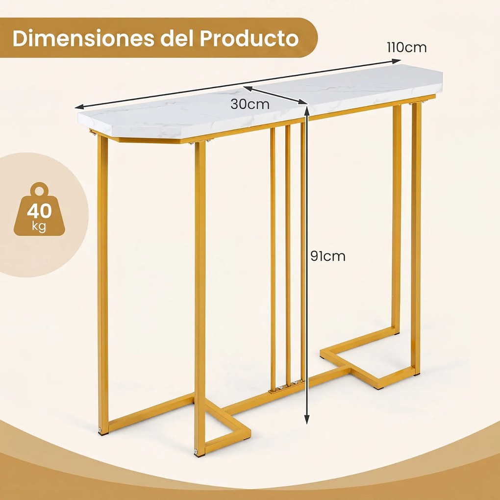 Mesa de Consola, 110 x 30 x 91 cm, Tampo com Imitação de Mármore, Natural + Branco