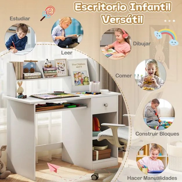 Secretária para crianças com bandeja para teclado, gaveta e estante multifuncional (CADEIRA NÃO INCLUIDA) Branco