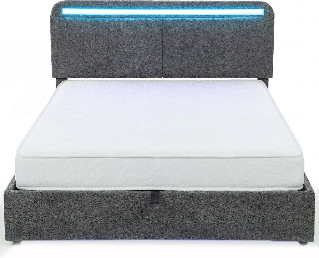 Cama com arrumação 140 x 190 cm com iluminação LED (COLCHÃO NÃO INCLUIDO), cabeceira ajustável, estrutura de cama de casal, base de ripas de madeira,
