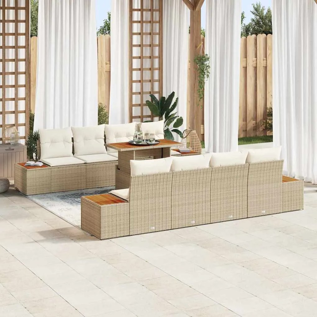 vidaXL Conjunto de Jardim com 9 Peças e Almofadas Bege em Rattan, Poliéster e Madeira de Acácia