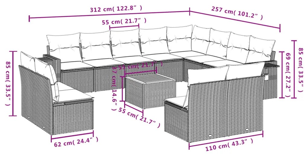 13 pcs conjunto sofás p/ jardim c/ almofadões vime PE cinzento