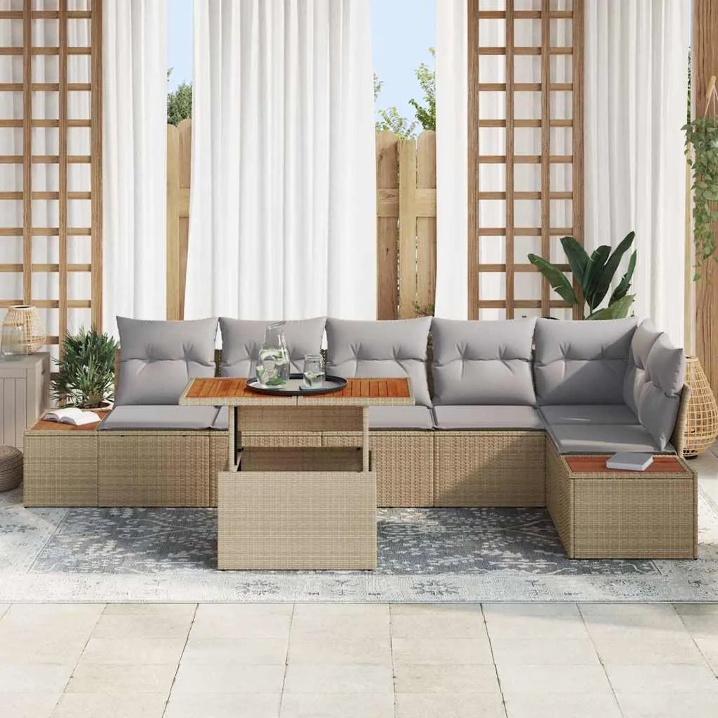 Conjunto de jantar de jardim de 7 peças com almofadas beges, rattan si