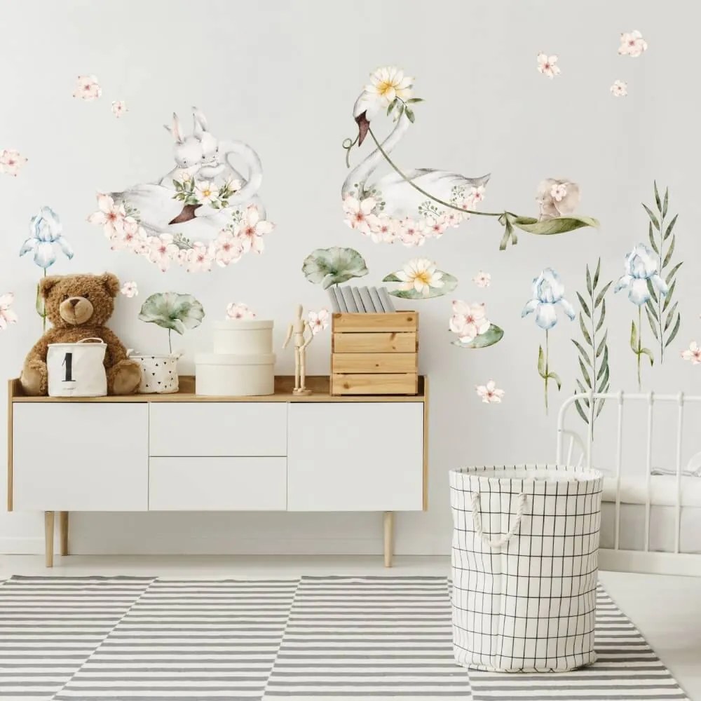 Autocolantes de parede - Cisnes com flores