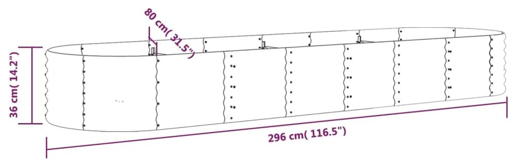 Canteiro elevado jardim 296x80x36cm aço revestido a pó cinzento