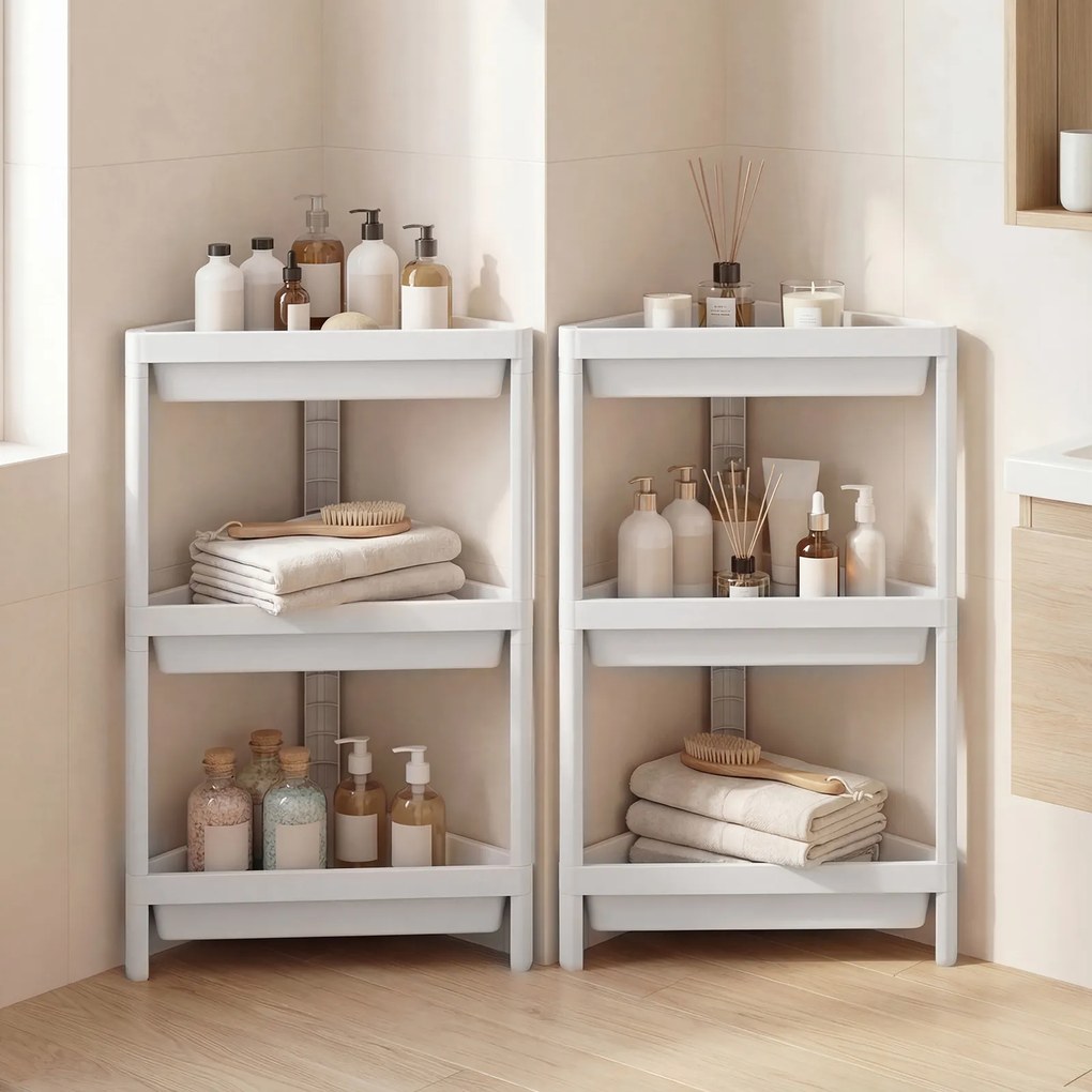 Conjunto de 2 estantes de canto com 3 níveis 26 x 44 x 67,5 cm em PP, estante de casa de banho desmontável com drenagem, organizador, para cozinha e q