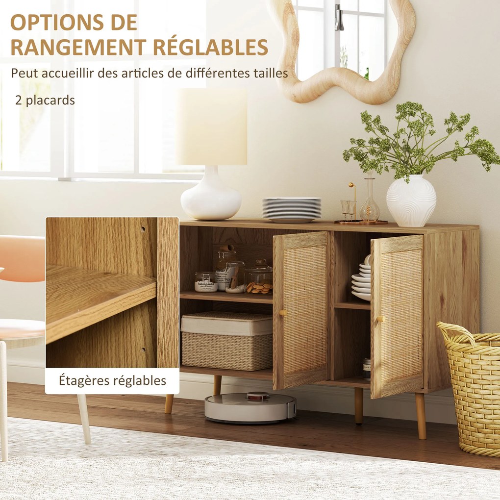 Aparador de sala de estar 120 x 40 x 75 cm com armários com portas em rattan e prateleira ajustável, em madeira natural