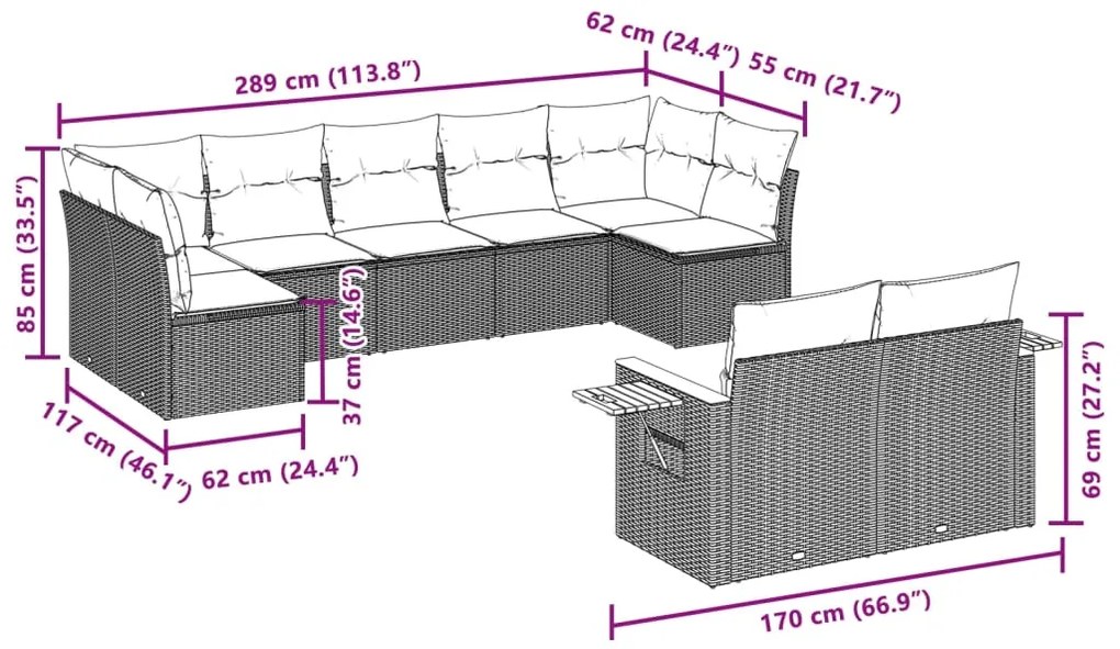 9 pcs conjunto de sofás p/ jardim com almofadões vime PE bege