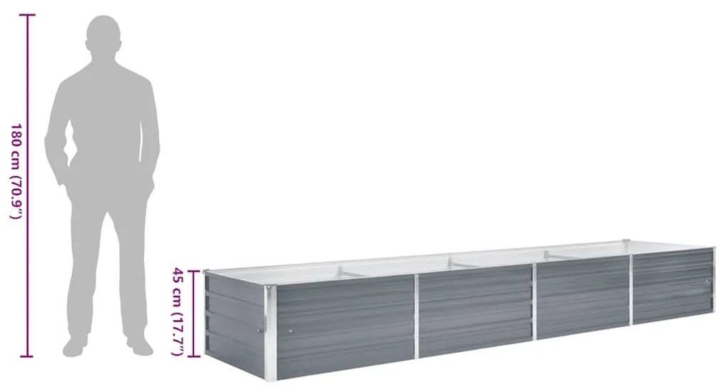 Canteiro elevado de jardim aço galvanizado 320x80x45cm cinzento
