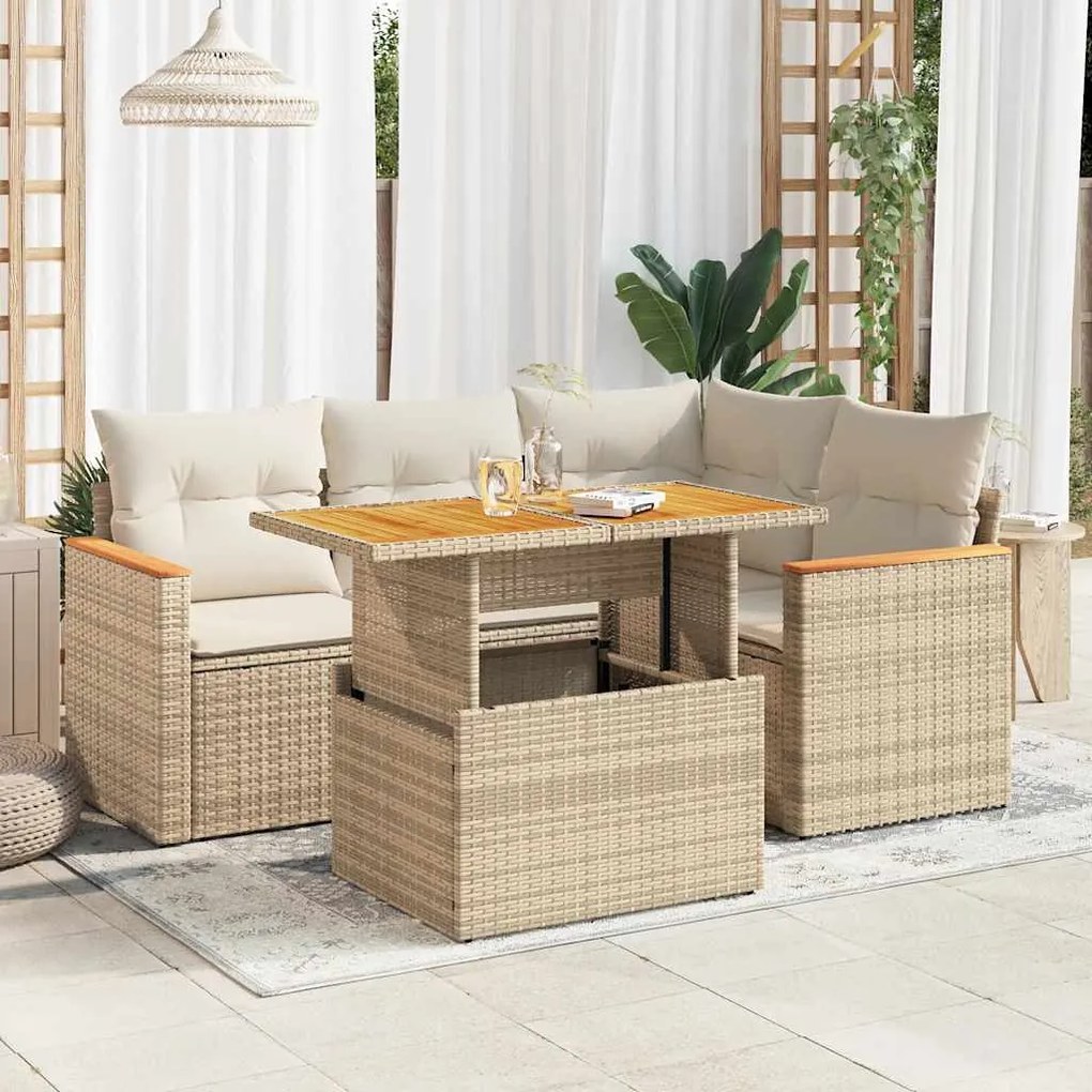 vidaXL 5 pcs conj. sofás p/ jardim c/ almofadões vime PE/acácia bege