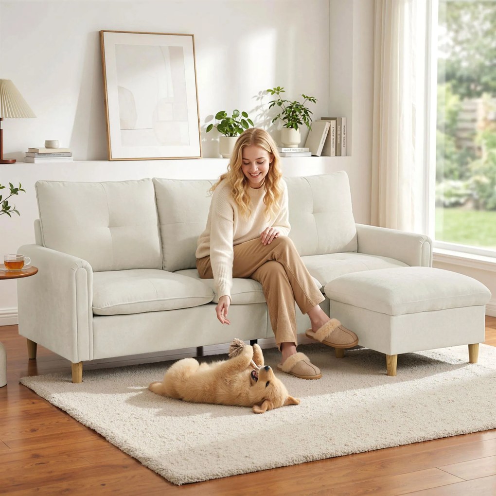 Sofá de 3 Lugares Modular, 210 x 77 x 80 cm, Pufe de Arrumação Flexível, Creme