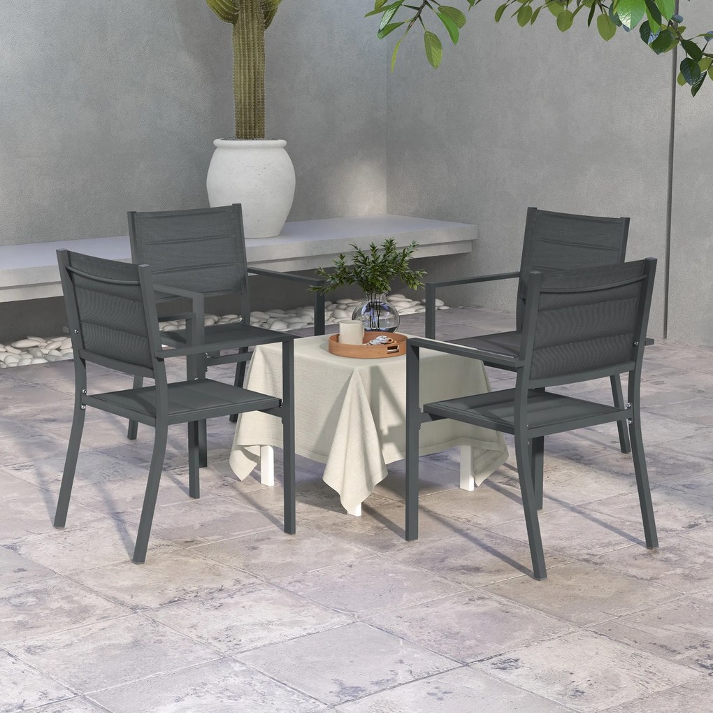 Conjunto de 4 cadeiras de jardim empilháveis em alumínio e textilene com braços, conjunto de 4 peças para exterior