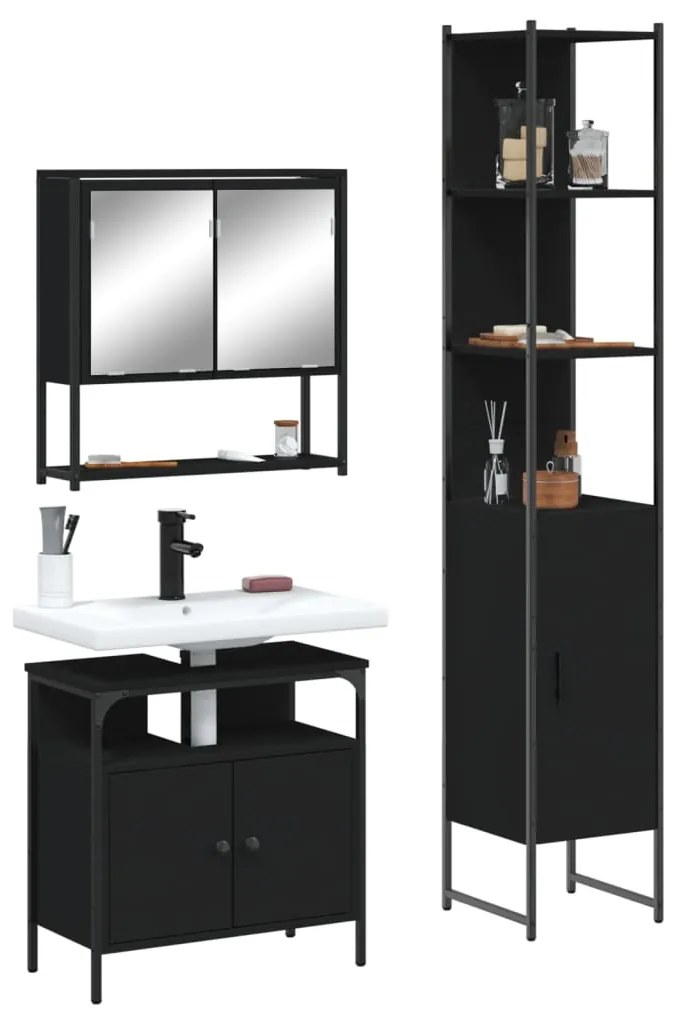 vidaXL 3 pcs conjunto móveis casa de banho derivados de madeira preto
