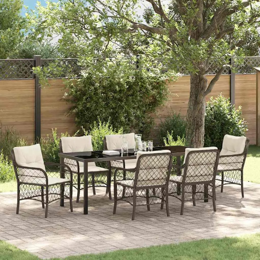vidaXL Conjunto de jantar de jardim com 7 peças e almofadas - castanho - polyrattan.
