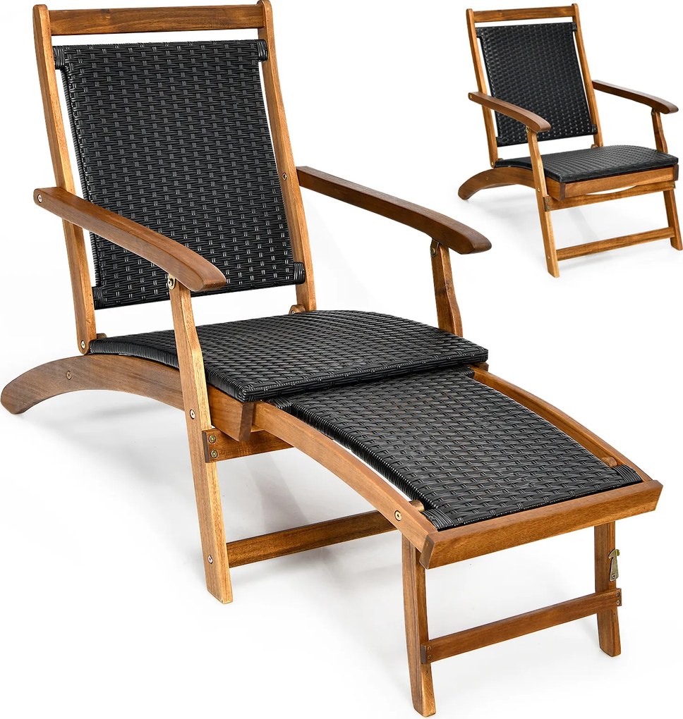 Espreguiçadeira dobrável 2 em 1 em rattan PE e madeira de acácia, com apoio para os pés retrátil, encosto e braços, para pátio, jardim e piscina Natur