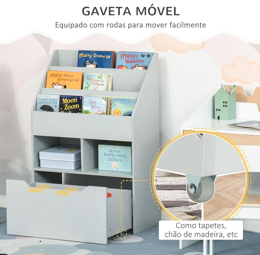 Estante de Brinquedos com 3 Compartimentos 2 Prateleiras e Gaveta Móvel com 4 Rodas Estante para Livros Infantil para Dormitório Infantil Sala de Jogo