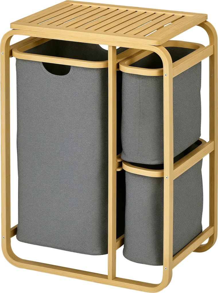 Cesto para roupa suja em bambu, 3 cestos - 49 L x 33 P x 70 A cm, cinzento