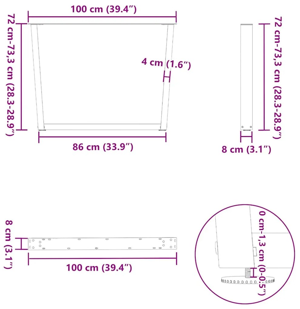 Mesa de jantar pernas 2pcs forma V 100x(72-73,3)cm aço branco