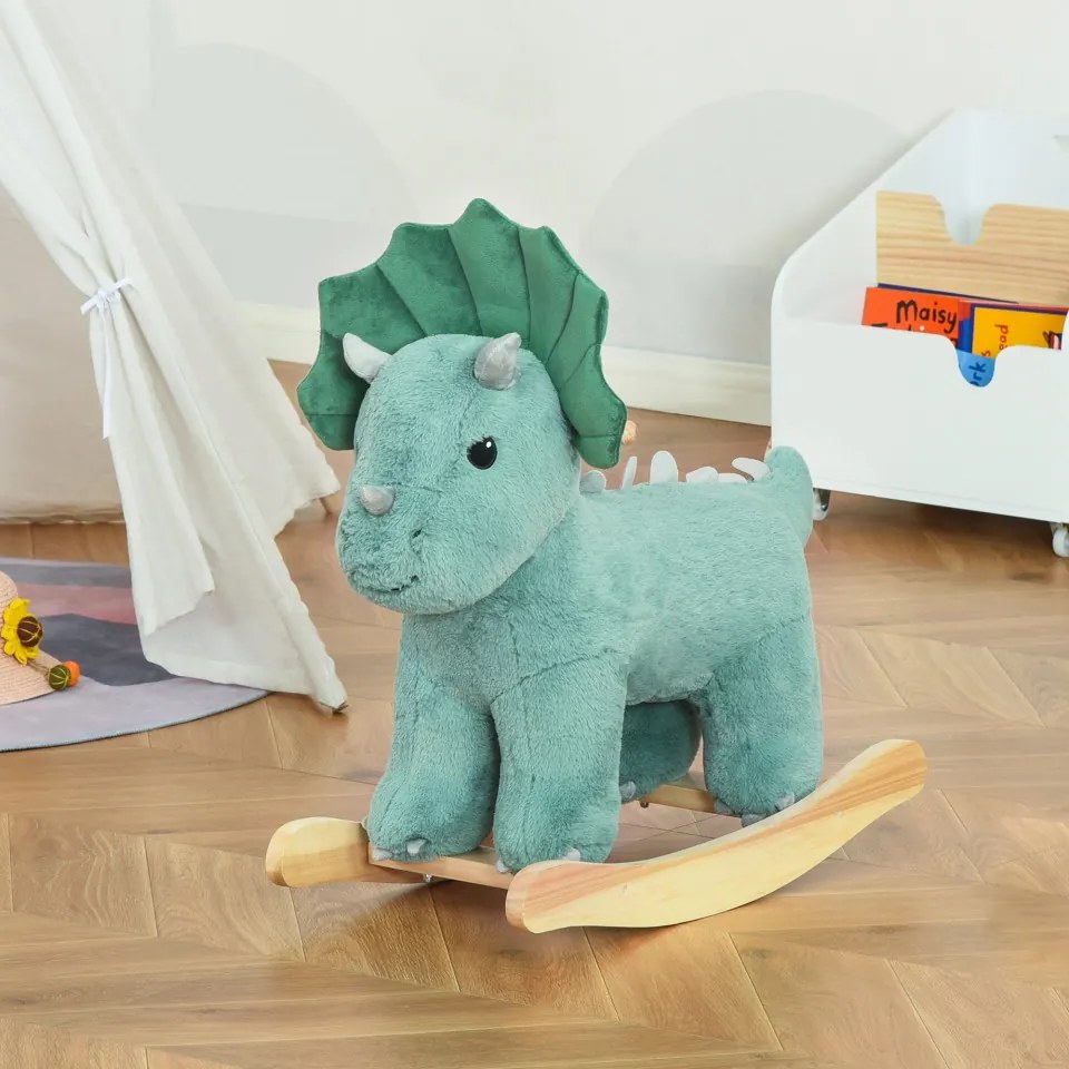 HOMCOM Baloiço Infantil de Dinossauro para Crianças acima de 3 Anos Baloiço com Sons Realistas de Pelúcia e Base de Madeira Carga 45kg 64x30x54cm Verde Escuro