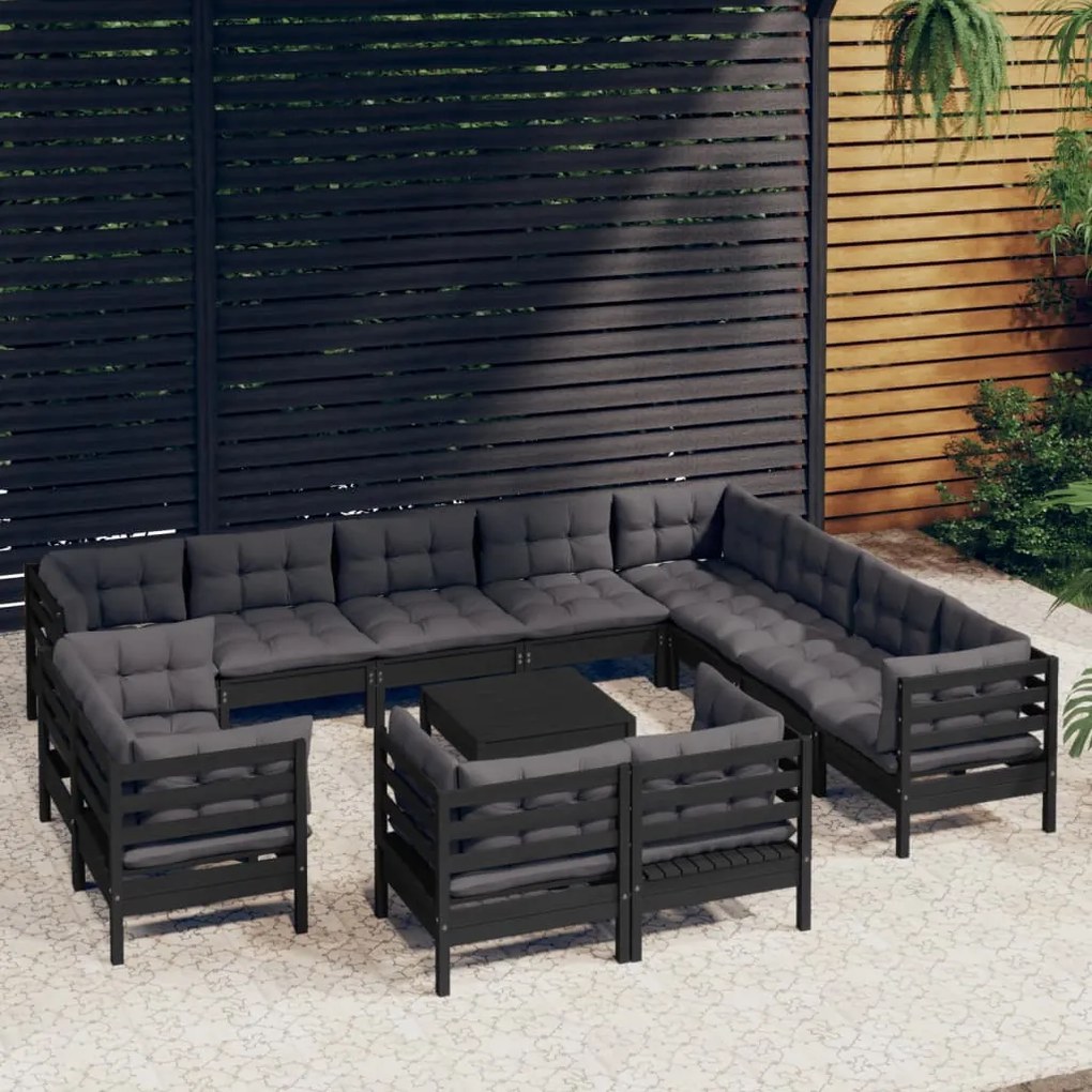 vidaXL 13 pcs conjunto lounge jardim c/ almofadões pinho maciço preto