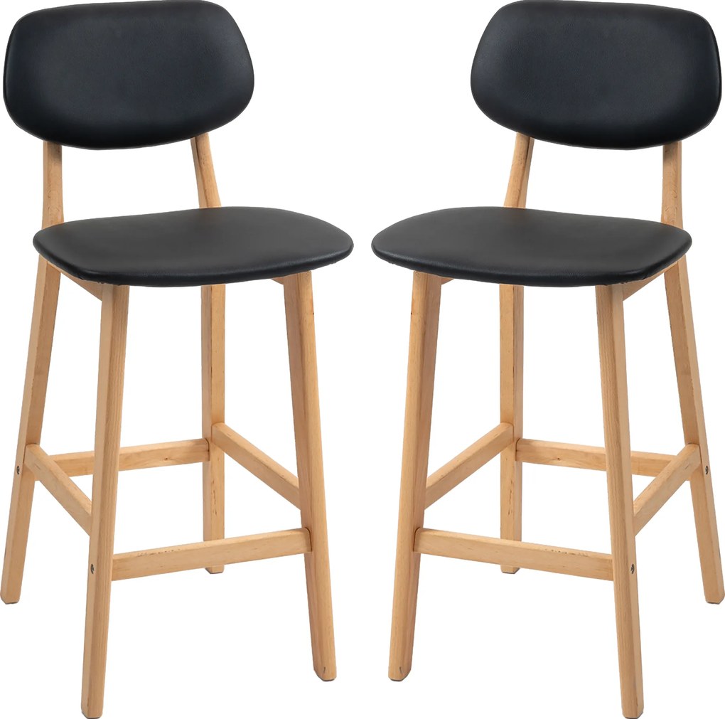 Conjunto de 2 bancos de bar, cadeiras altas, revestimento sintético com encosto e pernas em madeira, preto