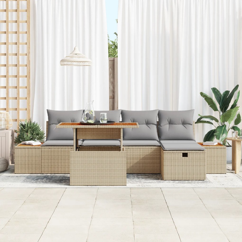 Conjunto de Sofá de Jardim com 6 Peças e Almofadas Bege Vime PE
