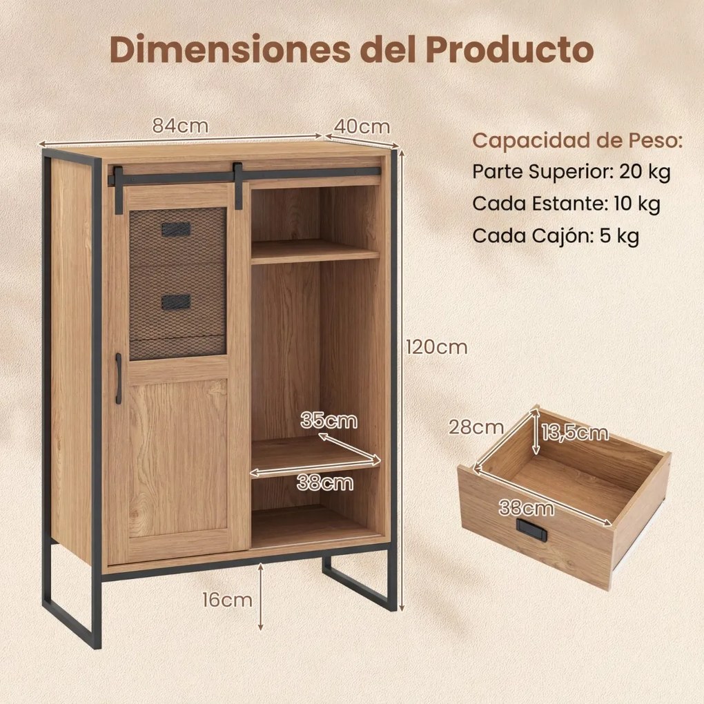 Armário de arrumação, estilo rústico 84 x 40 x 120 cm, com porta de correr, 5 gavetas e prateleiras ajustáveis ideal para casa de banho, sala de estar