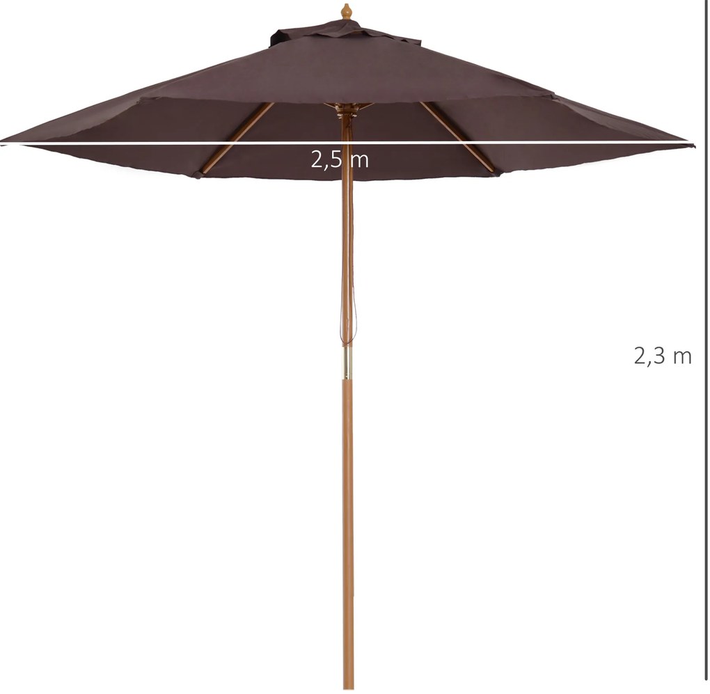 Chapéu de Sol Ø250x230cm Chapéu de Sol com Mastro de Madeira com 6 Hastes Sistema de Polia com Fixação para Jardim Pátio Terraço Castanho