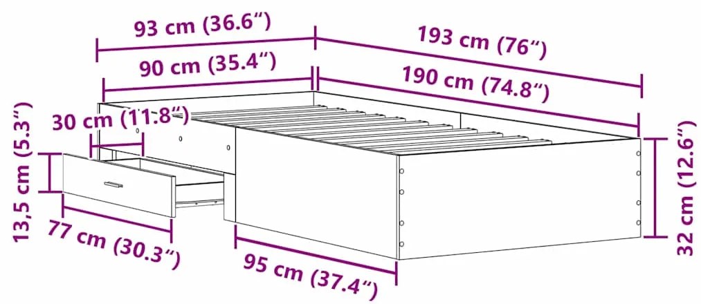 Cama vidaXL Artisan Carvalho 90x190 cm Madeira MDF