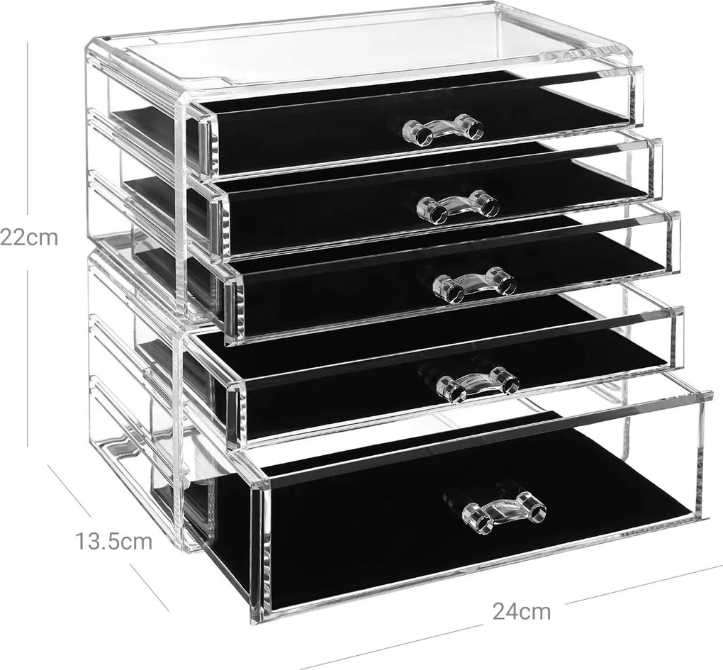 Organizador de maquilhagem com 5 gavetas 24 x 22 x 13,5 cm transparente