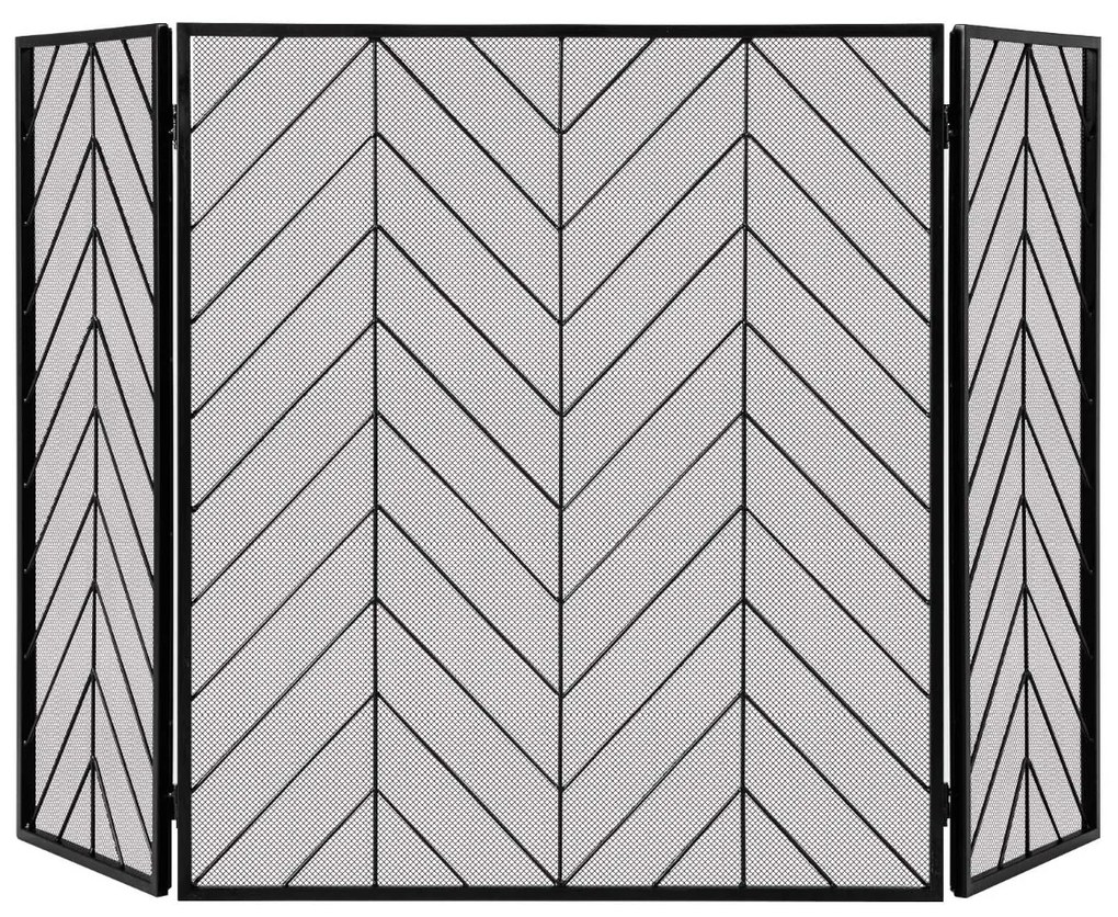 Proteção dobrável da lareira de 3 painéis do ferro forjado com dobradiças flexíveis quadro resistente para a sala de visitas 133 x 78 x 2 cm Preto