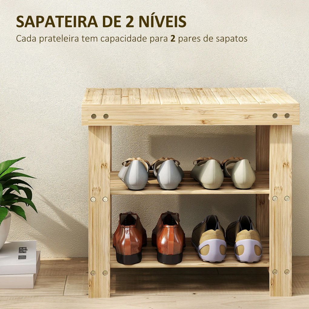 Banco Sapateira de Bambu Organizador de Sapatos com 2 Prateleiras para 4 Pares de Sapatos 50x28x45 cm Madeira