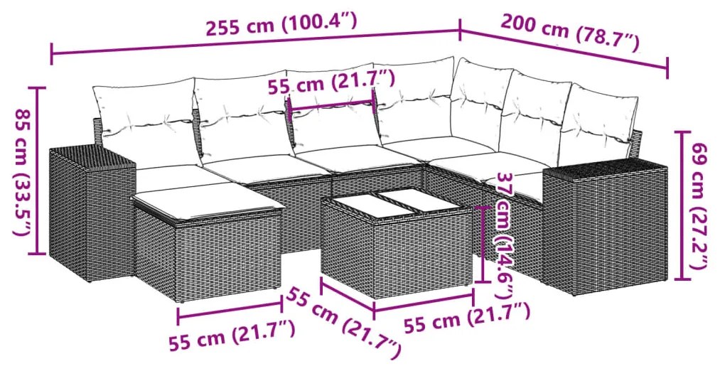 8 pcs conjunto de sofás p/ jardim com almofadões vime PE bege