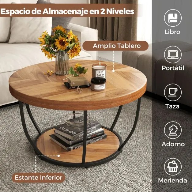 Mesa de centro redonda de 2 níveis com arrumação Mesa de chá de 80 cm com estrutura metálica Mesa de apoio para sala de estar Natural/preto