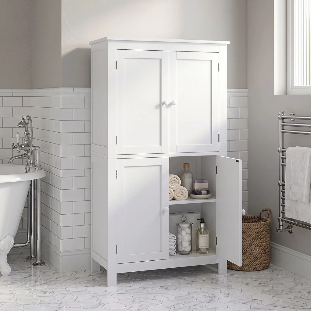 Armário de Casa de Banho, 60 x 30 x 110 cm, 4 Portas e Prateleiras Reguláveis, Branco
