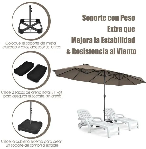 Guarda-sol duplo jardim 4,6 x 2,7 m com manivela e Base areia Estrutura com 12 varetas para jardim Café