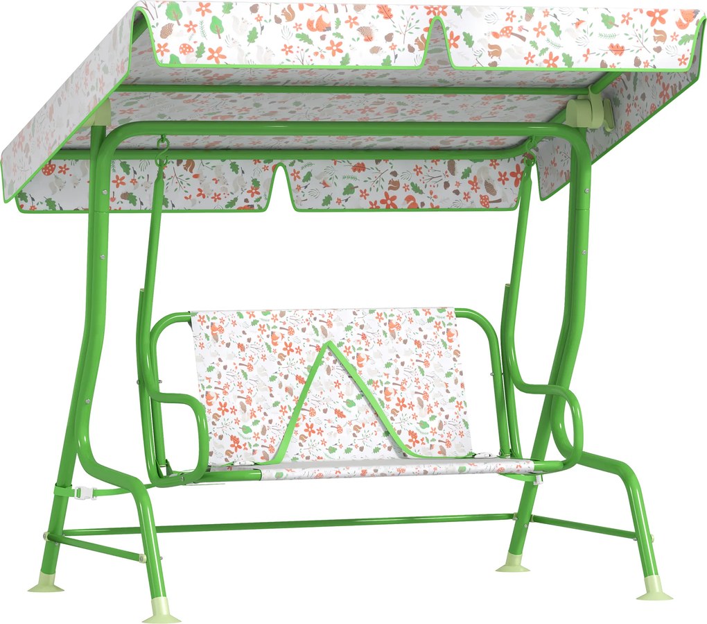 Baloiço de Jardim para Crianças com 2 Lugares Toldo Ajustável Cinto de Segurança e Desenho de Borboletas 112x75x120 cm Verde