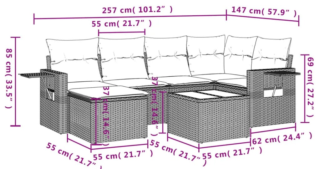 7 pcs conjunto sofás p/ jardim c/ almofadões vime PE cinzento