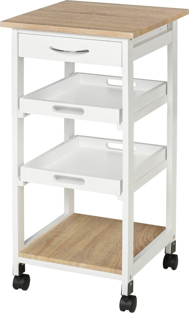 Carrinho de serviço de cozinha com rodas, 2 tabuleiros removíveis, gaveta e prateleira em carvalho claro e pinho branco