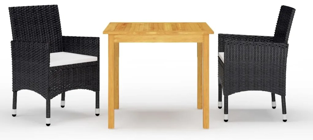 3 pcs conjunto de jantar para jardim com almofadões preto