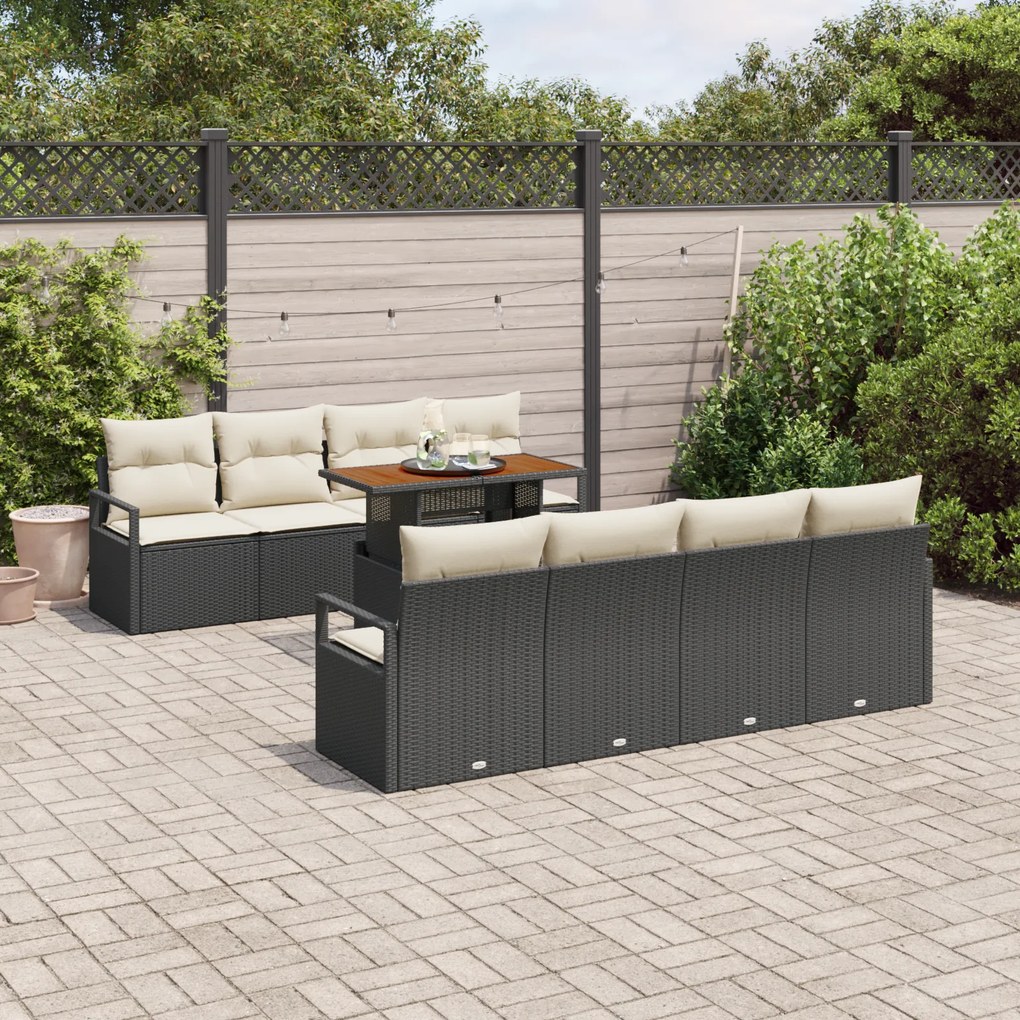 Conjunto de Sofá de Jardim de 9 Peças com Almofadas Preto Rattan Poly