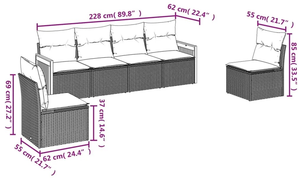 6 pcs conjunto sofás de jardim com almofadões vime cinzento