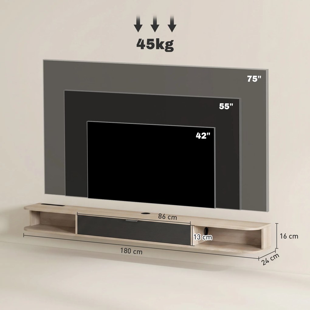 Móvel de TV suspenso 180 x 24 x 16 cm, móvel para televisores até 75 polegadas, gaveta rebatível, 2 prateleiras, cor madeira natural e preto