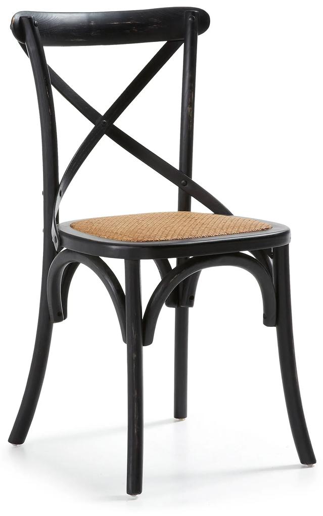 Kave Home - Cadeira Alsie de madeira maciça de olmo lacado preto e assento de ratã
