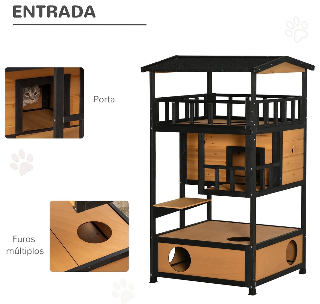 PawHut Casa para Gatos de Madeira 75,5x75x137 cm Abrigo para Gatos com